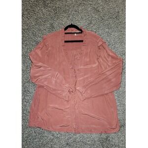 B Skies Are Blue Rose Pink Dotted Ruffle V Neck Long Sleeve Top‎ Plus Size 3X